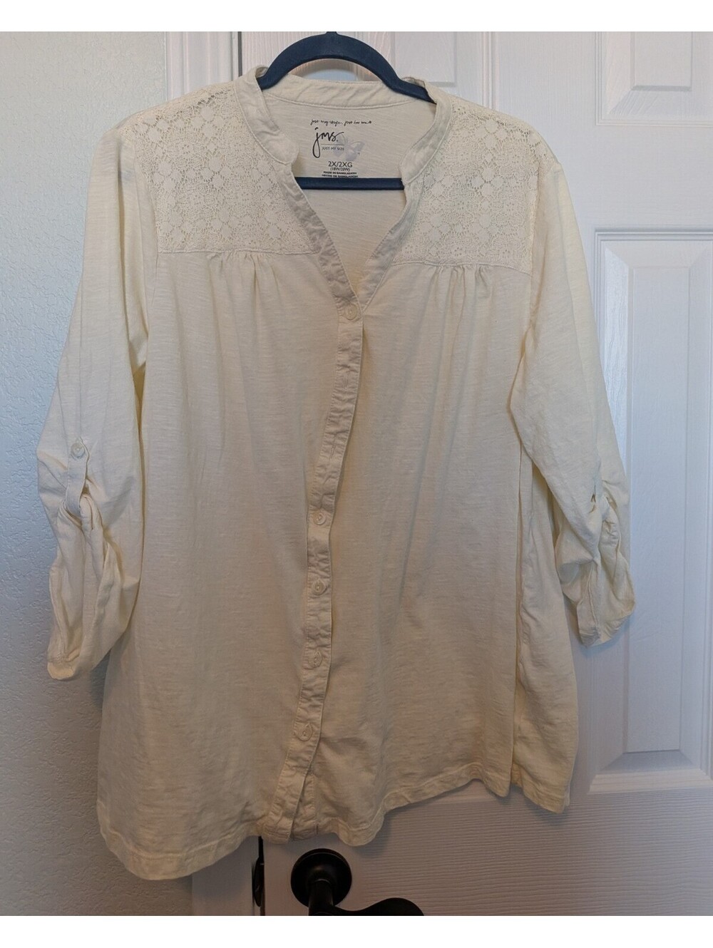 Just My Size Plus Size Women's Ivory Lace Yoke V-Neck Button-Up Top 2X